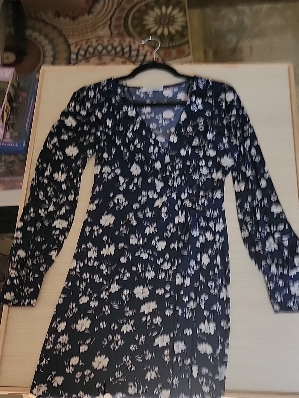 Kaileigh Navy and White Floral Long-Sleeve Midi Dress